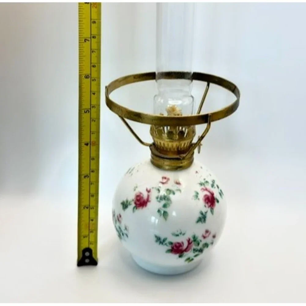 Antique Miniature GWTW Oil Lamp Base White Milk Glass Pink Roses 5 inch Japan